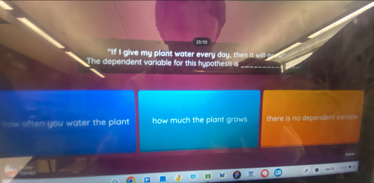 23/55
"If I give my plant water every day, then it will a
The dependent variable for this hypothesis is_
how often you water the plant how much the plant grows there is no dependent variable
Saita