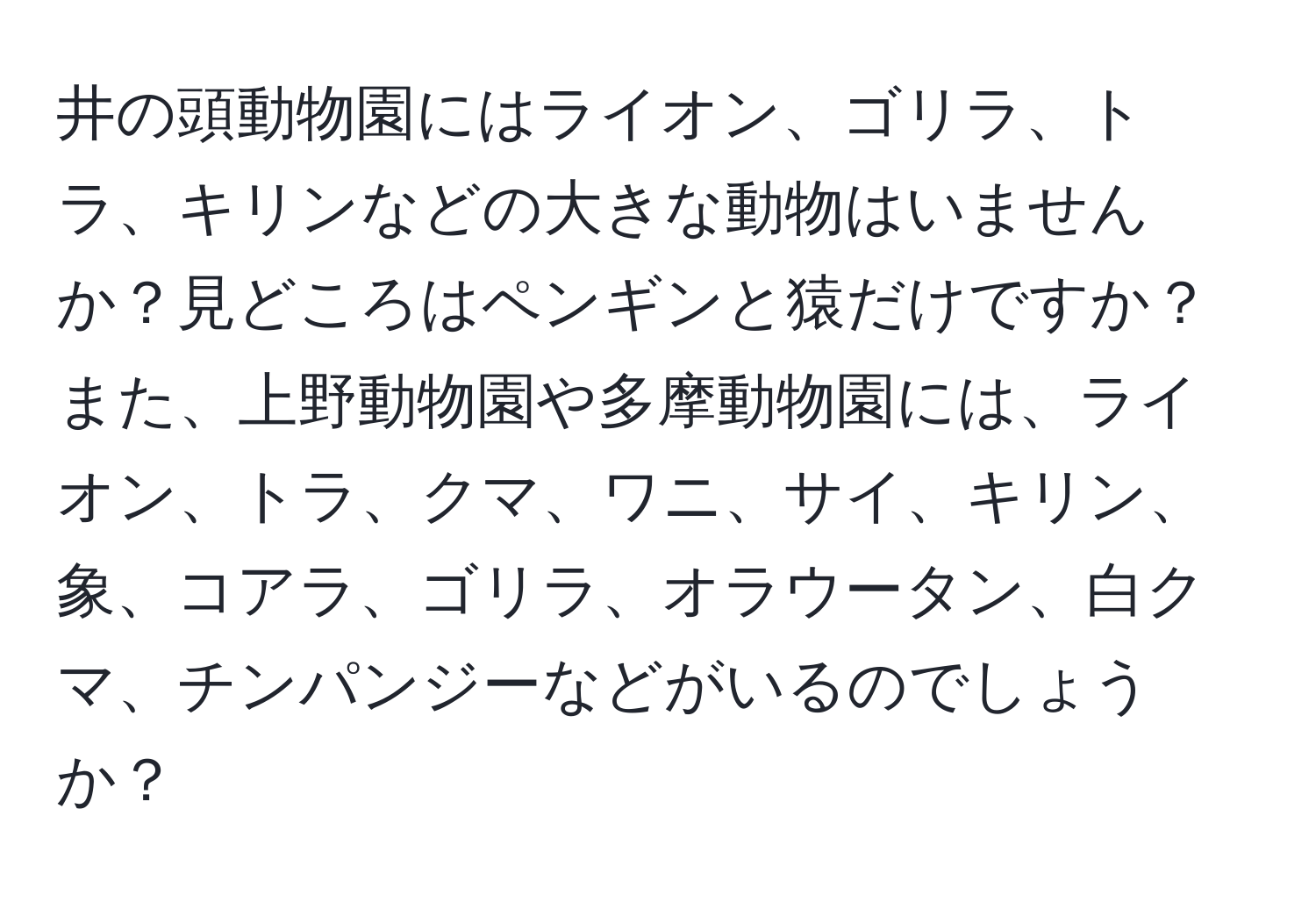 井の頭動物園にはライオン、ゴリラ、トラ、キリンなどの大きな動物はいませんか？見どころはペンギンと猿だけですか？また、上野動物園や多摩動物園には、ライオン、トラ、クマ、ワニ、サイ、キリン、象、コアラ、ゴリラ、オラウータン、白クマ、チンパンジーなどがいるのでしょうか？