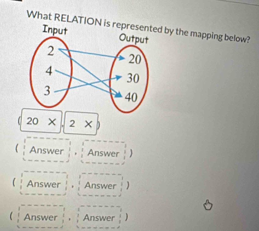 What RELATIOd by the mapping below?
20* (,|2x|)
( Answer , Answer 
( Answer , Answer ) 
( Answer Answer )