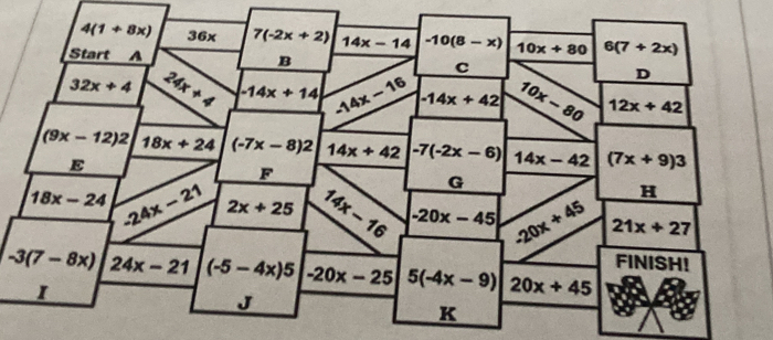 4(1+8x). 36x 7(-2x+2) 14x-14 -10(8-x) 10x+80 6(7+2x)
Start A B C D
32x+4 24x+4 -14x+14 -14x-16 -14x+42 10x-80 12x+42
(9x-12)2 18x+24 (-7x-8)2 14x+42 -7(-2x-6) 14x-42 (7x+9)3
E 
F 
G 
H
18x-24 -24x-21 2x+25 14x-16 -20x-45 -20x+45 21x+27
FINISH!
-3(7-8x) 24x-21 (-5-4x)5 -20x-25 5(-4x-9) 20x+45
J 
K