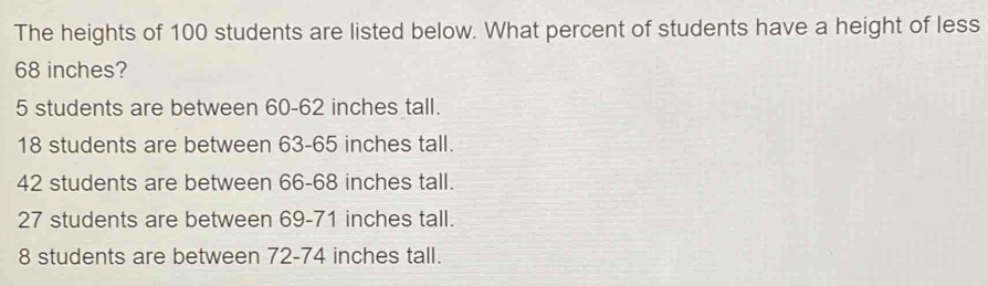 Solved: The heights of 100 students are listed below. What percent of ...