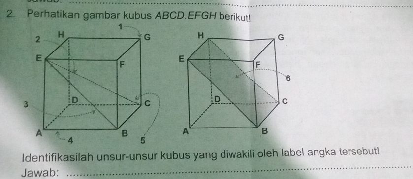 Perhatikan gambar kubus ABCD. EFGH berikut! 
_ 
Identifikasilah unsur-unsur kubus yang diwakili oleh label angka tersebut! 
Jawab: