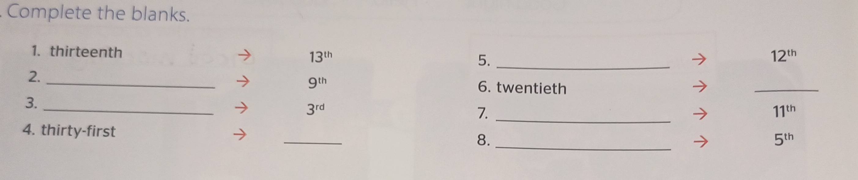 Complete the blanks. 
1. thirteenth 13^(th) 5._
12^(th)
_ 
2._
9^(th)
6. twentieth 
3._
3^(rd)
7._
11^(th)
_ 
4. thirty-first 
8._
5^(th)