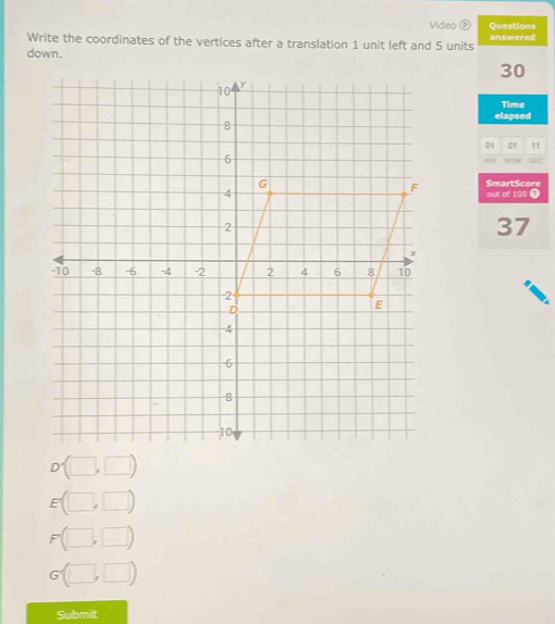 Video Questions 
Write the coordinates of the vertices after a translation 1 unit left and 5 units answered 
down.
30
Time 
elapsed
01 01 11
SmartScore 
out of 100 0
37
Submilt