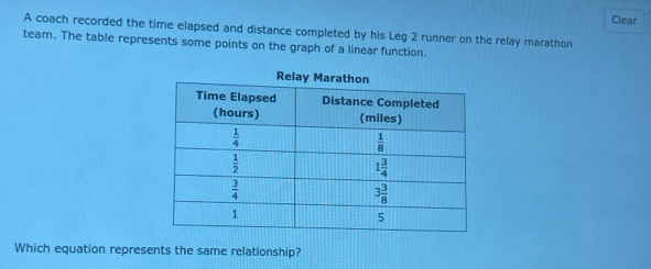 Clear
A coach recorded the time elapsed and distance completed by his Leg 2 runner on the relay marathon
team. The table represents some points on the graph of a linear function.
Which equation represents the same relationship?