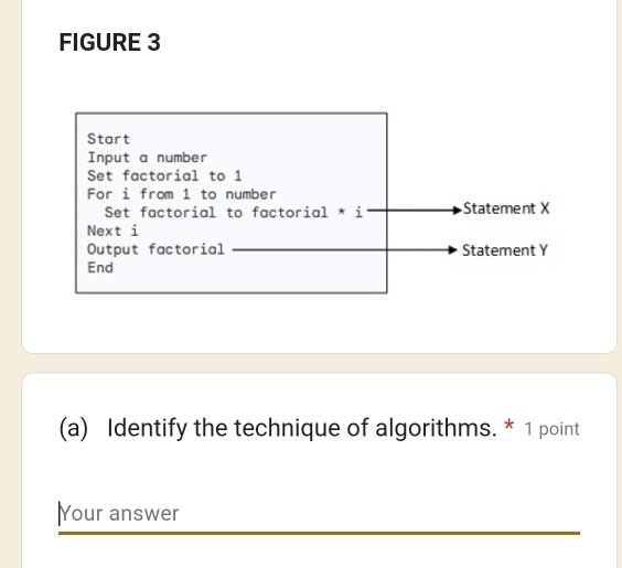 FIGURE 3 
Start 
Input a number 
Set factorial to 1
For i from 1 to number 
Set factorial to factorial * i Statement X
Next dot 1 
Output factorial Statement Y
End 
(a) Identify the technique of algorithms. * 1 point 
|Your answer