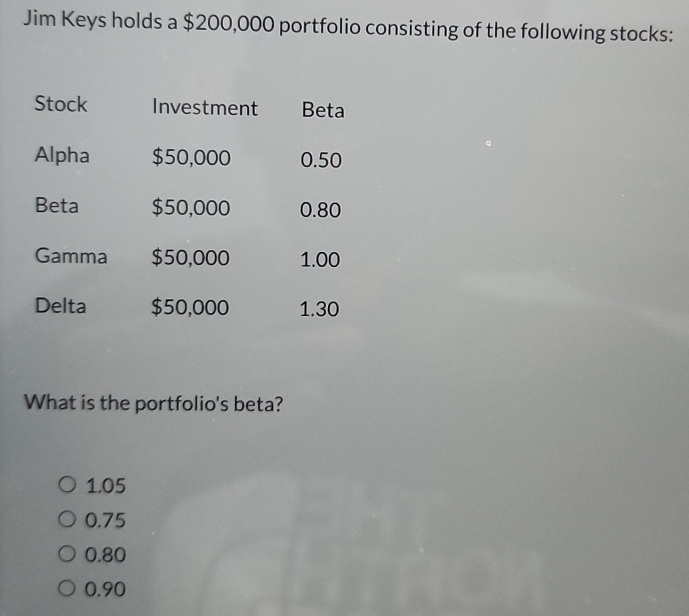 Jim Keys holds a $200,000 portfolio consisting of the following stocks:
Stock Investment Beta
Alpha $50,000 0.50
Beta $50,000 0.80
Gamma $50,000 1.00
Delta $50,000 1.30
What is the portfolio's beta?
1.05
0.75
0.80
0.90