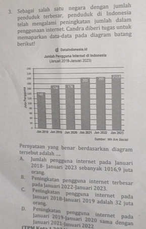 Sebagai salah satu negara dengan jumlah
penduduk terbesar, penduduk di Indonesia
telah mengalami peningkatan jumlah dalam
penggunaan internet. Candra diberi tugas untuk
memaparkan data-data pada diagram batang
berikut!
Pernyataan yang benar berdasarkan diagram
tersebut adalah ....
A. Jumlah pengguna internet pada Januari
2018- Januari 2023 sebanyak 1016, 9 juta
orang.
B. Peningkatan pengguna internet terbesar
pada Januari 2022-Januari 2023.
C. Peningkatan pengguna internet pada
Januari 2018-Januari 2019 adalah 32 juta
orang.
D. Peningkatan pengguna internet pada
Januari 2019-Januari 2020 sama dengan
Januari 2021-Januari 2022
(TPM Kota 1 2