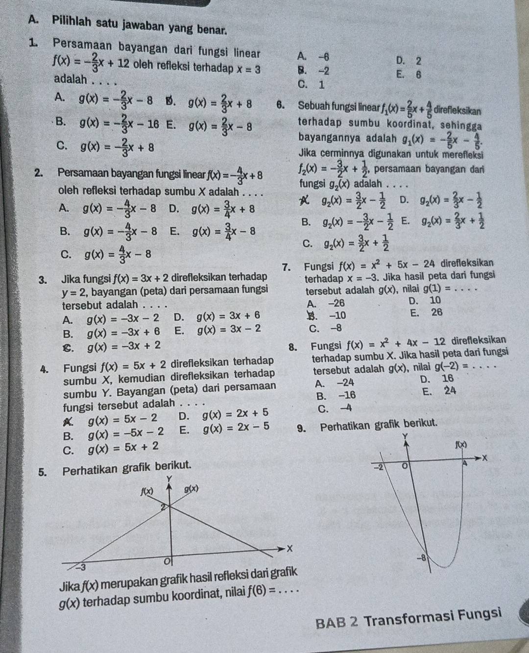 Pilihlah satu jawaban yang benar.
1. Persamaan bayangan dari fungsi linear A. -6
D. 2
f(x)=- 2/3 x+12 oleh refleksi terhadap x=3 B. -2
adalah . . .
E. 6
C. 1
A. g(x)=- 2/3 x-8 D. g(x)= 2/3 x+8 6. Sebuah fungsi linear f_1(x)= 2/5 x+ 4/5  direfleksikan
B. g(x)=- 2/3 x-16 E. g(x)= 2/3 x-8 terhadap sumbu koordinat, sehingga
bayangannya adalah g_1(x)=- 2/5 x- 4/5 .
C. g(x)=- 2/3 x+8 Jika cerminnya digunakan untuk merefleksi
f_2(x)=- 3/2 x+ 1/2  ,persamaan bayangan dari
2. Persamaan bayangan fungsi linear f(x)=- 4/3 x+8 fungsi g_2(x) adalah . . . .
oleh refleksi terhadap sumbu X adalah . . . .
A. g(x)=- 4/3 x-8 D. g(x)= 3/4 x+8
g_2(x)= 3/2 x- 1/2  D. g_2(x)= 2/3 x- 1/2 
B. g(x)=- 4/3 x-8 E. g(x)= 3/4 x-8
B. g_2(x)=- 3/2 x- 1/2  E. g_2(x)= 2/3 x+ 1/2 
C. g_2(x)= 3/2 x+ 1/2 
C. g(x)= 4/3 x-8
7. Fungsi f(x)=x^2+5x-24 direfleksikan
3. Jika fungsi f(x)=3x+2 direfleksikan terhadap terhadap x=-3. Jika hasil peta dari fungsi
y=2 , bayangan (peta) dari persamaan fungsi tersebut adalah g(x) ,nilai g(1)= .... _
tersebut adalah A. -26 D. 10
A. g(x)=-3x-2 D. g(x)=3x+6 B. -10 E. 26
B. g(x)=-3x+6 E. g(x)=3x-2 C. -8
C. g(x)=-3x+2 8. Fungsi f(x)=x^2+4x-12 direfleksikan
4. Fungsi f(x)=5x+2 direfleksikan terhadap terhadap sumbu X. Jika hasil peta dari fungsi
sumbu X, kemudian direfleksikan terhadap tersebut adalah g(x) ,nilai g(-2)=...
sumbu Y. Bayangan (peta) dari persamaan A. -24 D. 16
B. -16
fungsi tersebut adalah _E. 24
A g(x)=5x-2 D. g(x)=2x+5 C. -4
B. g(x)=-5x-2 E. g(x)=2x-5 9. Perhatikan grafik berikut.
C. g(x)=5x+2
5. Perhatikan grafik berikut.
Jika f(x) merupakan grafik hasil re
g(x) terhadap sumbu koordinat, nilai f(6)= ... _
BAB 2 Transformasi Fungsi