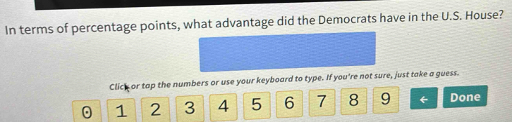 In terms of percentage points, what advantage did the Democrats have in the U.S. House? 
Click or tap the numbers or use your keyboard to type. If you're not sure, just take a guess.
1 2 3 4 5 6 7 8 9 ← Done