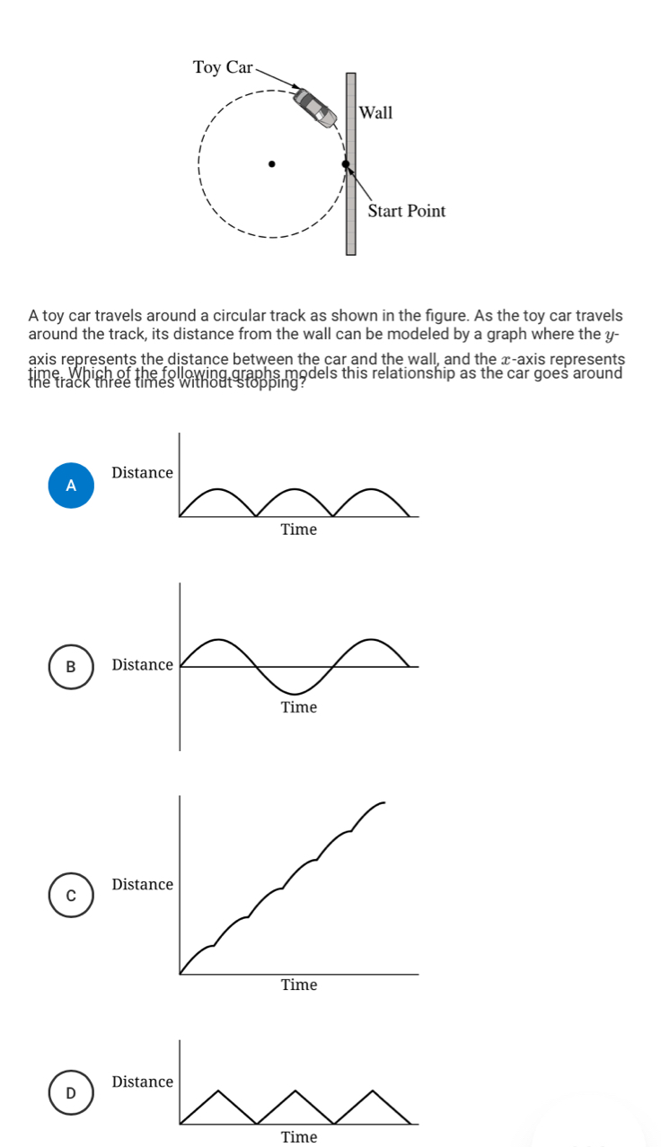 A toy car travels around a circular track as shown in the figure. As the toy car travels
around the track, its distance from the wall can be modeled by a graph where the y -
axis represents the distance between the car and the wall, and the æ -axis represents
time. Which of the following graphs models this relationship as the car goes around
without stopping ?
A
Time
B
C
D
Time