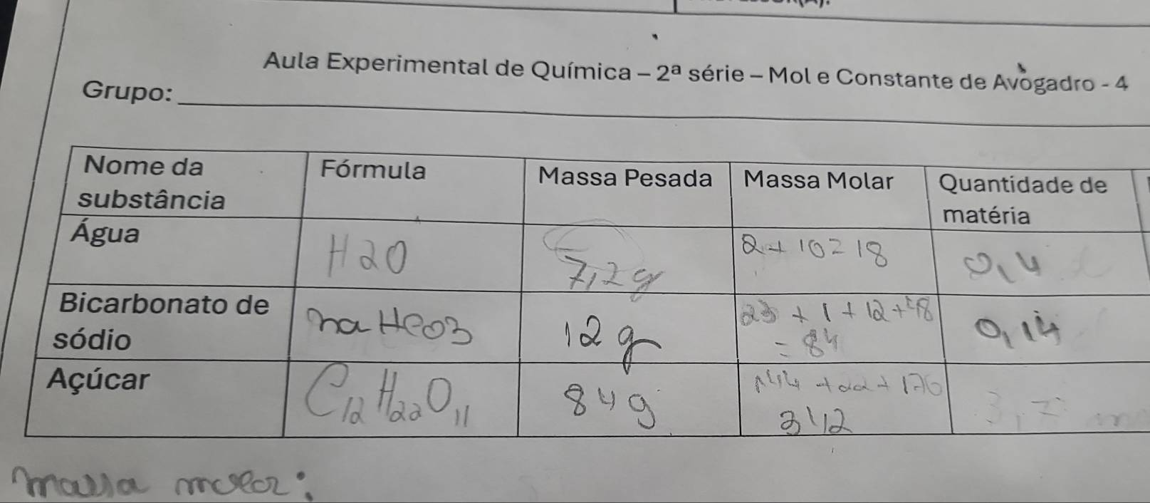 Aula Experimental de Química -2^a série - Mol e Constante de Avogadro - 4
_ 
Grupo:_