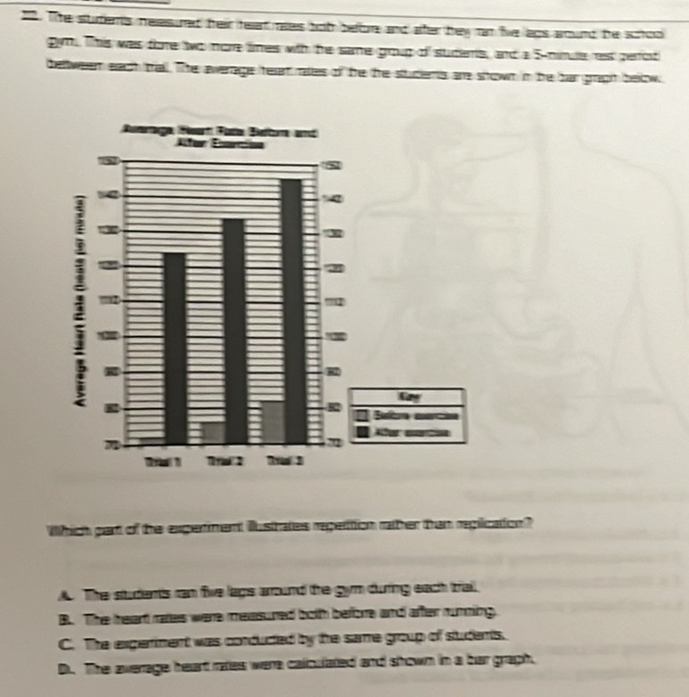 ts. The studers neasured heir heat rees bot before and after hey rn five leps around te schoo
gym. This was fore two nore times wth he same group of studens, and a 5 -nimute rest perfot
bellween each tal. The average hteem rates of he the students are strown in he br grigh below.
Which part of the experment illustrates repertion rather than repiicaion?
o. The students ran five lags around the gym during each triail.
B. The heant rates were measured both before and after nunning
C. The experment was conducted by the same group of students.
D. The average heart rates were caliculated and shown in a bar graph.