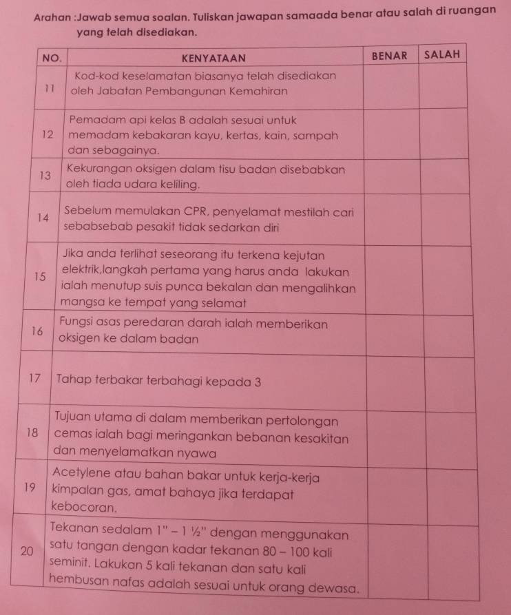 Arahan :Jawab semua soalan. Tuliskan jawapan samaada benar atau salah di ruangan
1
1
1
2
ah sesuai untuk orang dewasa.