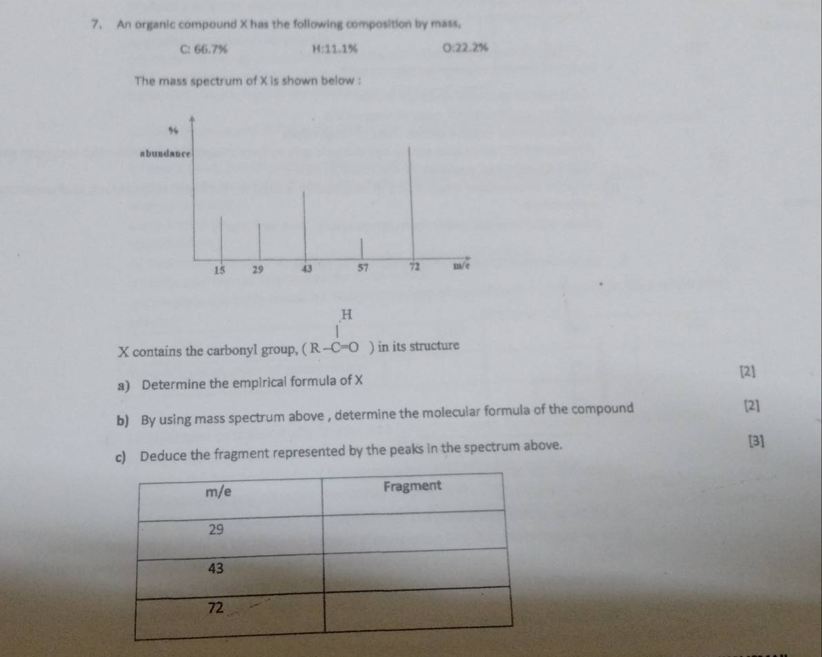 An organic compound X has the following composition by mass,
C: 66.7% H:11.1% 0:22.2%
The mass spectrum of X is shown below :
H
X contains the carbonyl group, (R-C=O ) in its structure 
[2] 
a) Determine the empirical formula of X
b) By using mass spectrum above , determine the molecular formula of the compound 
[2] 
c) Deduce the fragment represented by the peaks in the spectrum above. 
[3]