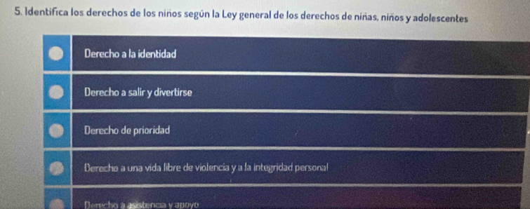 Identifica los derechos de los niños según la Ley general de los derechos de niñas, niños y adolescentes
Derecho a la identidad
Derecho a salir y divertirse
Derecho de prioridad
Derecho a una vida libre de violencia y a la integridad personal
Nerecho a asistencia v apovo