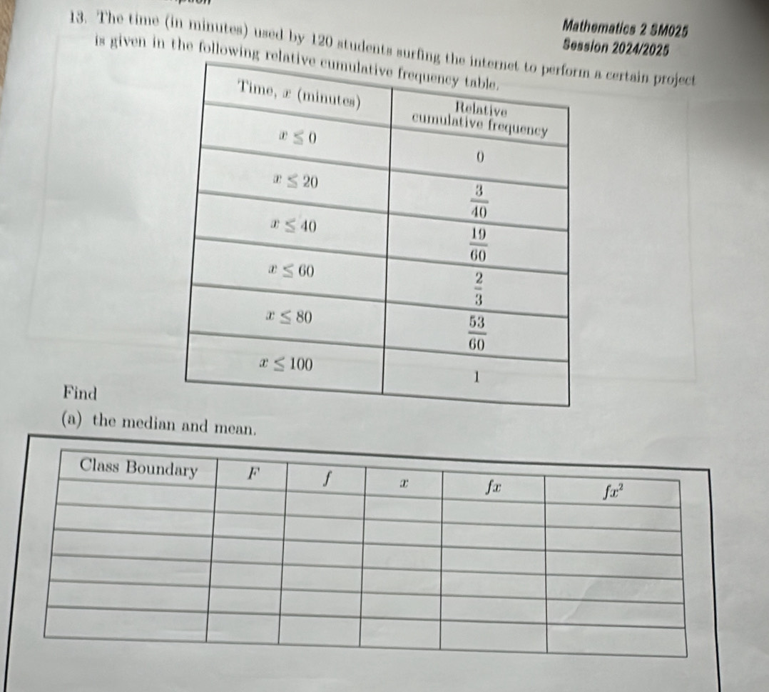 Mathematics 2 SM025
Session 2024/2025
13. The time (in minutes) used by 120 students sura certain project
is given in the following 
Find
(a) the median and mean.