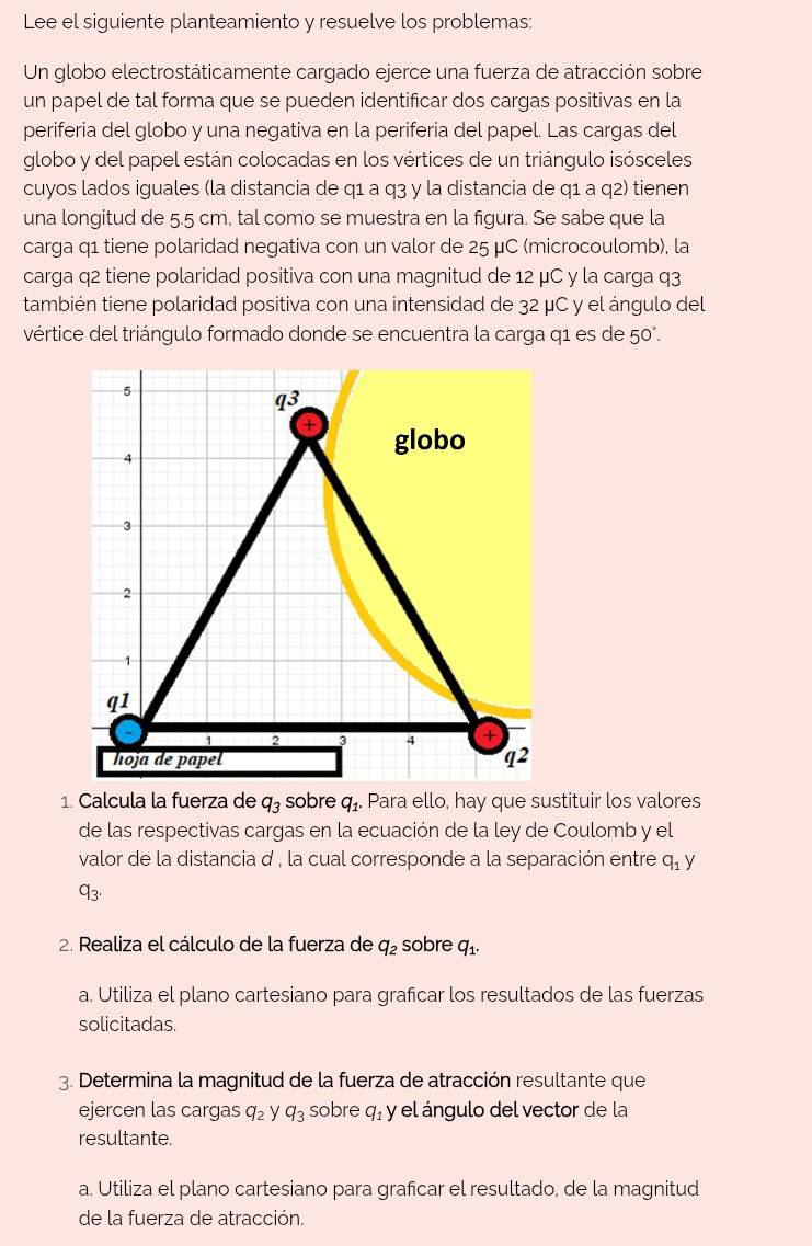 Lee el siguiente planteamiento y resuelve los problemas:
Un globo electrostáticamente cargado ejerce una fuerza de atracción sobre
un papel de tal forma que se pueden identificar dos cargas positivas en la
periferia del globo y una negativa en la periferia del papel. Las cargas del
globo y del papel están colocadas en los vértices de un triángulo isósceles
cuyos lados iguales (la distancia de q1 a q3 y la distancia de q1 a q2) tienen
una longitud de 5.5 cm, tal como se muestra en la figura. Se sabe que la
carga q1 tiene polaridad negativa con un valor de 25 μC (microcoulomb), la
carga q2 tiene polaridad positiva con una magnitud de 12 μC y la carga q3
también tiene polaridad positiva con una intensidad de 32 μC y el ángulo del
vértice del triángulo formado donde se encuentra la carga q1 es de 50°.
1. Calcula la fuerza de q_3 sobre q_1. Para ello, hay que sustituir los valores
de las respectivas cargas en la ecuación de la ley de Coulomb y el
valor de la distancia d , la cual corresponde a la separación entre q_1 y
q_3.
2. Realiza el cálculo de la fuerza de q_2 sobre q_1.
a. Utiliza el plano cartesiano para graficar los resultados de las fuerzas
solicitadas.
3. Determina la magnitud de la fuerza de atracción resultante que
ejercen las cargas q_2 y q_3 sobre q_1 y el ángulo del vector de la
resultante.
a. Utiliza el plano cartesiano para graficar el resultado, de la magnitud
de la fuerza de atracción.