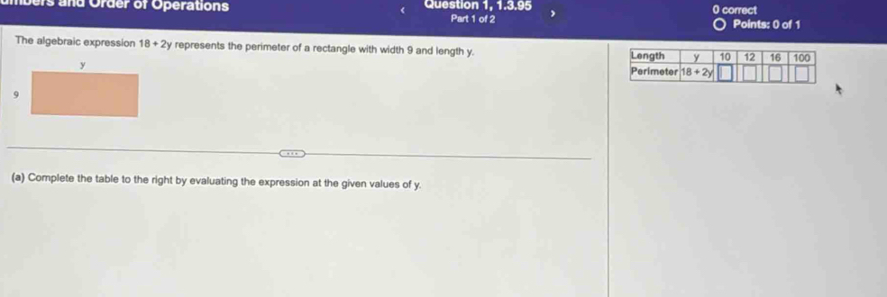 and Order of Operations Question 1, 1.3.95 Part 1 of 2 0 correct
Points: 0 of 1
The algebraic expression 18+2y represents the perimeter of a rectangle with width 9 and length y. 
(a) Complete the table to the right by evaluating the expression at the given values of y.