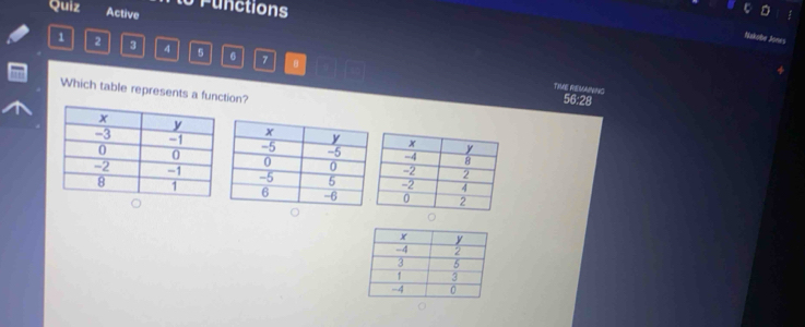 Functions 
Quiz Active 
Nukobe Jowes
1 2 3 4 5 6 7
Which table represents a function? 
TIME REMANING 56:28 
。