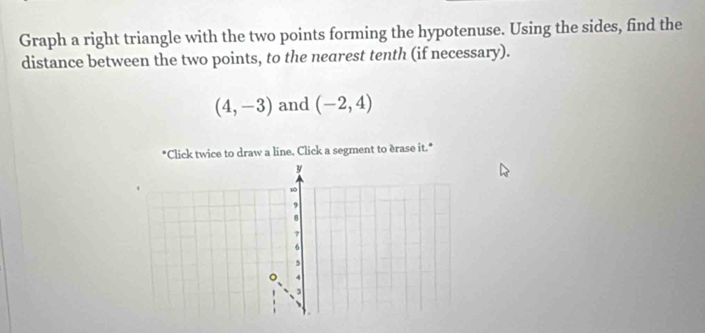 Graph a right triangle with the two points forming the hypotenuse. Using the sides, find the 
distance between the two points, to the nearest tenth (if necessary).
(4,-3) and (-2,4)
*Click twice to draw a line. Click a segment to érase it.*
y
10
9
8
7
6
5
。 4
3