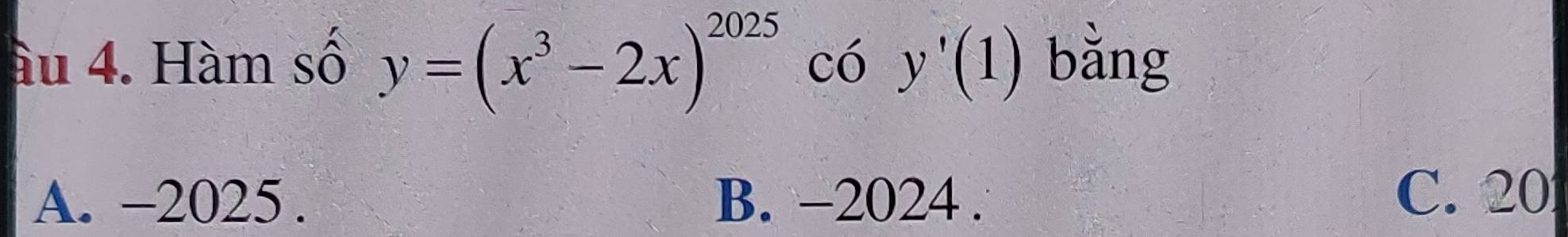 ầu 4. Hàm số y=(x^3-2x)^2025 có y'(1) bǎng
A. -2025. B. -2024. C. 20