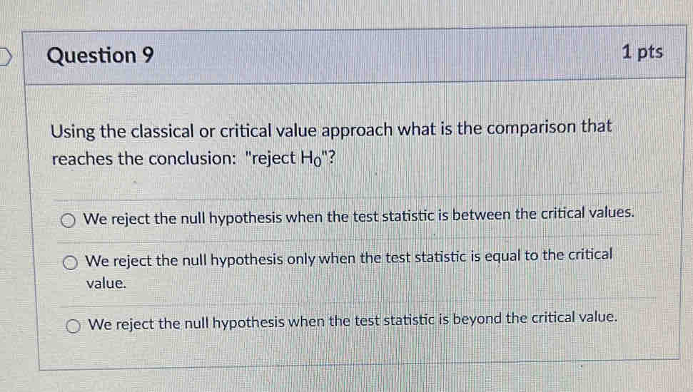 Using the classical or critical value approach what is the comparison that
reaches the conclusion: "reject H_0''
We reject the null hypothesis when the test statistic is between the critical values.
We reject the null hypothesis only when the test statistic is equal to the critical
value.
We reject the null hypothesis when the test statistic is beyond the critical value.