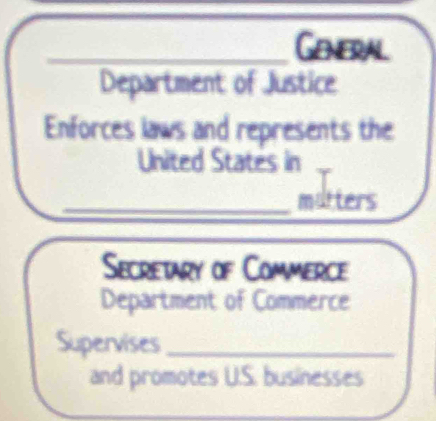 General
Department of Justice
Enforces laws and represents the
United States in
_matters
Secretary of Commerce
Department of Commerce
Supervises_
and promotes U.S. businesses