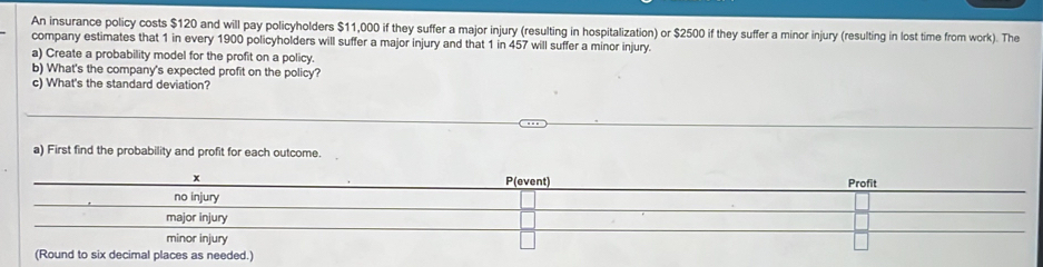 An insurance policy costs $120 and will pay policyholders $11,000 if they suffer a major injury (resulting in hospitalization) or $2500 if they suffer a minor injury (resulting in lost time from work). The
company estimates that 1 in every 1900 policyholders will suffer a major injury and that 1 in 457 will suffer a minor injury.
a) Create a probability model for the profit on a policy.
b) What's the company's expected profit on the policy?
c) What's the standard deviation?
a) First find the probability and profit for each outcome.
P(event) Profit
no injury
major injury
minor injury
(Round to six decimal places as needed.)