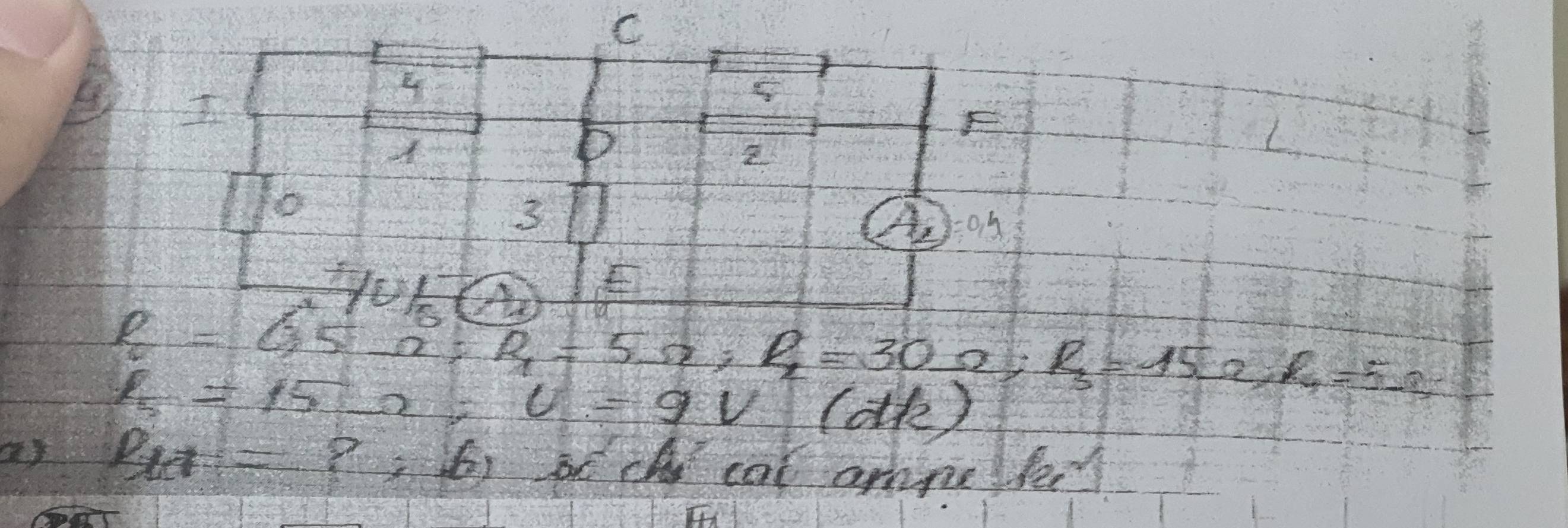 C
B
F 
A
2
To
3
boxed A_2=0,4
Hou
R=G5Omega =5Omega , R_1=5Omega , R_2=30Omega , R_3=15Omega , R_4=5Omega
I_5=15Omega , U=9V(dR)
P_t7=?;61 St ch cal arhne ler?