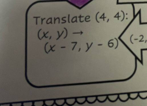 Translate (4,4) :
(x,y)
(x-7,y-6) (-2,