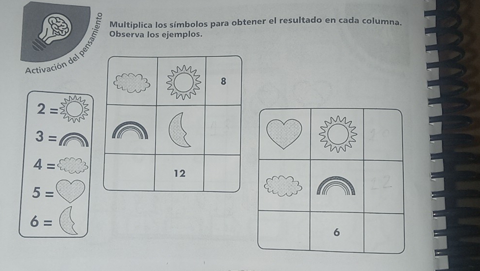 activación del pensan 
Multiplica los símbolos para obtener el resultado en cada columna. 
Observa los ejemplos.
2=
3=
4=
5=
6=
6