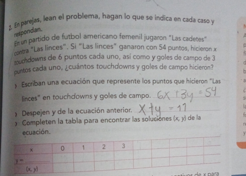 En parejas, lean el problema, hagan lo que se índica en cada caso y
respondan.
En un partido de futbol americano femeníl jugaron “Las cadetes”
contra “Las linces”. Si “Las linces” ganaron con 54 puntos, hicieron x
touchdowns de 6 puntos cada uno, así como y goles de campo de 3
puntos cada uno, ¿cuántos touchdowns y goles de campo hicieron? C
) Escriban una ecuación que represente los puntos que hicieron “Las "a
  
linces" en touchdowns y goles de campo._
5
》 Despejen y de la ecuación anterior. _  
) Completen la tabla para encontrar las soluciones (x,y) de la f 
r
ecuación.
Y