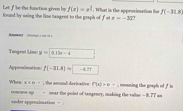 Let f be the function given by f(x)=x^(frac 3)5. What is the approximation for f(-31.8)
found by using the line tangent to the graph of f at x=-32 ? 
Answer Attempt 2 out of 2 
Tangent Line: y= 0.15x-4
Approximation: f(-31.8)approx □ -8.77
When x , the second derivative f'(x)>0 , meaning the graph of f is 
concave up near the point of tangency, making the value —8.77 an 
under approximation