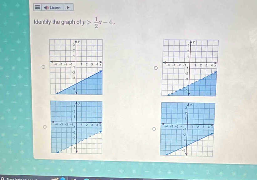 Listen 
Identify the graph of y> 1/2 x-4.