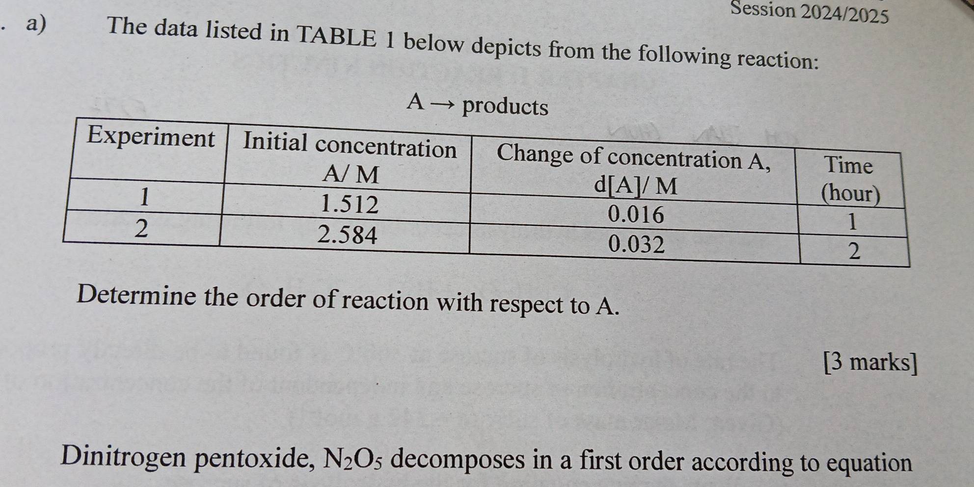 Session 2024/2025 
a) The data listed in TABLE 1 below depicts from the following reaction: 
A → products 
Determine the order of reaction with respect to A. 
[3 marks] 
Dinitrogen pentoxide, N_2O_5 decomposes in a first order according to equation