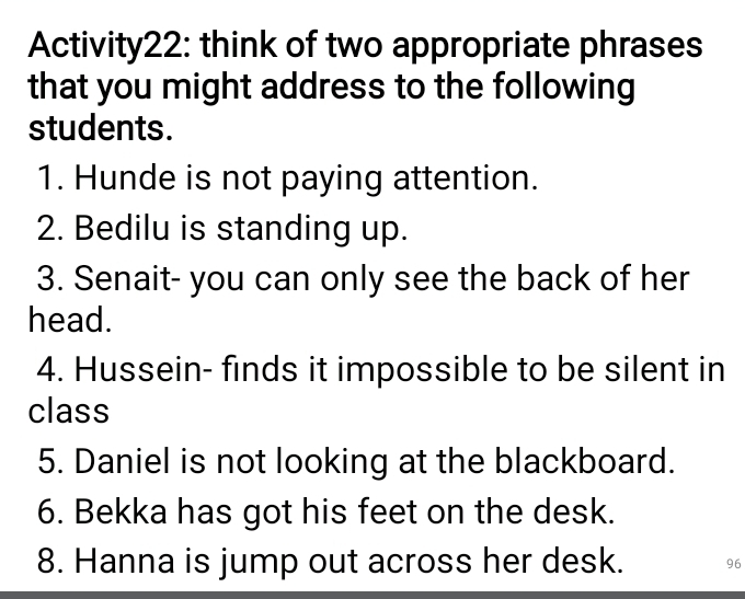 Activity22: think of two appropriate phrases 
that you might address to the following 
students. 
1. Hunde is not paying attention. 
2. Bedilu is standing up. 
3. Senait- you can only see the back of her 
head. 
4. Hussein- finds it impossible to be silent in 
class 
5. Daniel is not looking at the blackboard. 
6. Bekka has got his feet on the desk. 
8. Hanna is jump out across her desk. 96