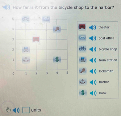 How far is it from the bicycle shop to the harbor?
theater
post office
bicycle shop
train station
locksmith
harbor
bank
) units