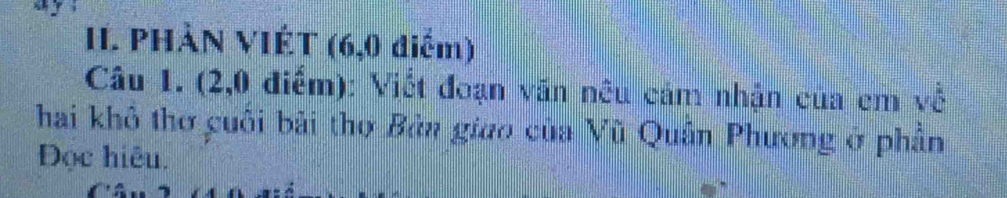 sy ì 
II. PHÀN VIÉT (6, 0 điểm) 
Câu 1. (2,0 điểm): Viết đoạn văn nêu cám nhận của cm về 
hai khô thơ cuối bài thợ Bản giao của Vũ Quân Phương ở phần 
Đọc hiệu.