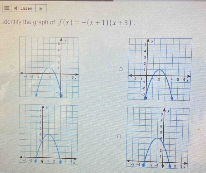 Listen 
Identify the graph of f(x)=-(x+1)(x+3).