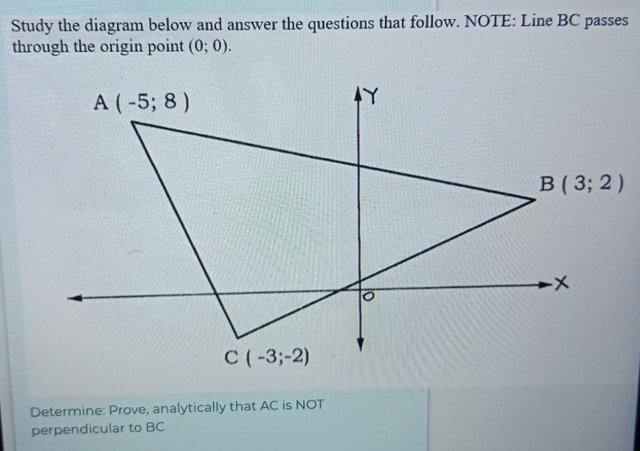 Study the diagram below and answer the questions that follow. NOTE: Line BC passes
through the origin point (0;0).
Determine: Prove, analytically that AC is NOT
perpendicular to BC