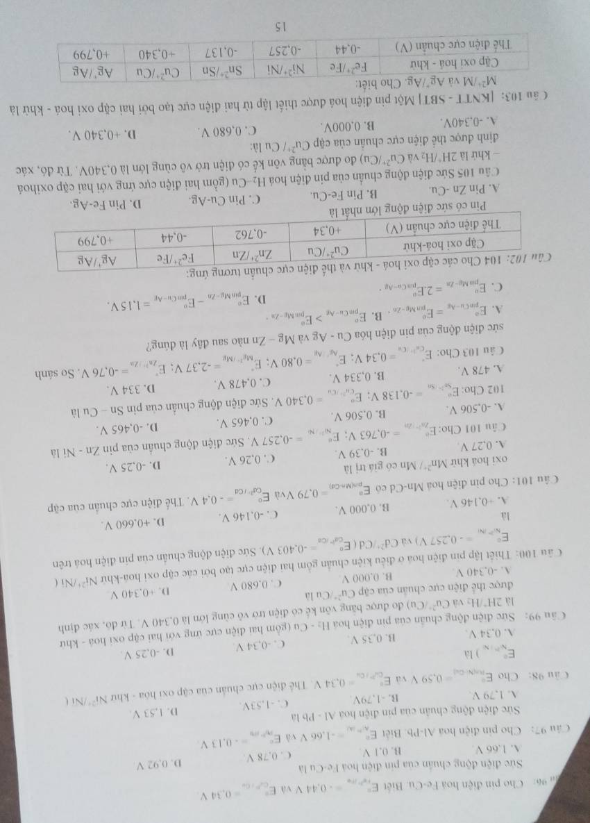 96:   Cho pin điện hoà Fe-Cu. Biết E_re^(2+)/re^circ =-0.44V và E_ce^(c_1)F^circ =0.34V
Sức điện động chuẩn của pin điện hoá Fe-Cu là
A. 1,66 V B. 0.1 V C. 0.78 V D. 0.92 V
Câu 97: Cho pin điện hoá Al-Pb. Biết E_(AP)°=-1.66V và E_(py'M)°/v_0^circ =-0.13V
Sức điện động chuân của pin điện hoá AI-Pb1.
A. 1,79 V. B. -1,79V. C. -1,53V. D. 1,53 V.
Câu 98: Cho E_(Rntwich)°=0.59V yà E_(cur/cu)°=0.34V Thể điện cực chuẩn của cập oxi hóa - khư Ni^(2+) /Ni t
E_x'',,)ld D. -0,25 V.
A. 0.34 V. B. 0.35 V. C. -0,34V
Câu 99: Sức điện động chuẩn của pin điện hoá H_2-Cu (gồm hai điện cực ứng với hai cặp oxi hoá - khứ
là 2H^+/H_2 và Cu^(2+)/Cu) đo được bằng vôn kế có điện trở vô cùng lớn là 0,340 V. Từ đô, xác định
được thể điện cực chuẩn của cập Cu^(2+)/Cula
A. -0,340 V B. 0,000 V C. 0.680 V D. +0,340 V.
Câu 100: Thiết lập pin điện hoá ở điều kiện chuẩn gồm hai điện cực tạo bởi các cập oxi hoá-khứ Ni^(2+) /Ni (
E_Nto Nendarray =-0.257V) và Cd^(2+)/Cd(E_ca^(2-)/ca^circ =-0.403V) 5. Sức điện động chuẩn của pin điện hoá trên
là C. -0.146 V. D. +0,660 V.
A. +0,146V B. 0,000 V.
Câu 101: Cho pìn điện hoá Mn-Cd cô E_(pin(MnCd))°=0.79V và E_cd^(2-)/cd^circ =-0.4V. Thế điện cực chuẩn của cập
oxi hoá khử Mn^(2+) / Mn có giá trị là
A. 0,27 V. B. -0,39 V. C. 0,26 V. D. -0,25 V.
Câu 101 Cho: E_2n^(2n)/2n^circ =-0,763V;E_80^(2n)/N^circ =-0,257V Sức điện động chuẩn của pin Zn-Ni là
A. -0,506 V. B. 0.506 V. C. 0,465 V. D. -0,465 V.
102 Cho: E_(Sn)°=-0,138V;E_cu^(2+)/Cu^circ =0.340V. Sức điện động chuẩn của pin Sn-Culi
D. 33 4V
A. 478 V.
. So sánh
Câu 103 Cho: E_(cu)°=0.34V;E_Ag^+Ag^+^circ =0.80V;E_Mg^(2+)/Mg^circ =-2,37V;E_Zn^(2+)/Zn^circ =-0.76V B. 0,334 V. C. 0,478 V.
sức điện động của pin điện hóa Cu-AgvaMg-Zn nào sau đây là đúng?
A. E_(pinCu-Ag)°=E_(punMg-Zn)°· B. E_(pmCu-Ag)°>E_(pmMg-∠ n)°.
C. E_pinM_l-Zn^circ =2.E_(pinCu-Al)°.
D. E_(pinMg-Zn)°-E_(pmC_H-Ag)°^circ =1,15V.
Pin có sức điện động 
A. Pin Zn-Cu. B. Pin Fe-Cu. C. Pin Cu-Ag. D. Pin Fe-Ag.
Câu 105 Sức điện động chuẩn của pin điện hoá H_2-Cu a (gồm hai điện cực ứng với hai cặp oxihoá
- khứ là 2H^+/H_2 và Cu^(2+)/Cu) đo được bằng vôn kế có điện trở vô cùng lớn là 0,340V. Từ đó, xác
định được thể điện cực chuẩn của cặp Cu^(2+)/ C_1 là:
A. -0,340V. B. 0,000V. C. 0,680 V. D. +0,340 V.
Câu 103: [KNTT - SBT] Một pin điện hoá được thiết lập từ hai điện cực tạo bởi hai cặp oxi hoá - khữ là
15