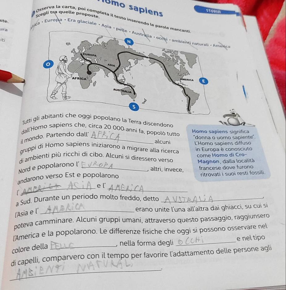 6mo sapiens 
STO21A 
Scegli tra quelle proposte. 
Osserva la carta, poi completa il testo inserendo le paro 
ste. 
ura 
ínca · Europa · Era glaciale · Asiatc 
iti 
Tutti no la Terra díscendono 
dall'Homo sapiens che, circa 20 000 anni fa, popolò tutto Homo sapiens signífica 
il mondo. Partendo dall'_ 
''donna o uomo sapiente'' 
alcuni L'Homo sapiens diffuso 
gruppi di Homo sapiens iniziarono a migrare alla ricerca in Europa è conosciuto 
di ambienti più ricchi di cíbo. Alcuni si diressero verso come Homo di Cro- 
Nord e popolarono l’_ 
Magnon, dalla località 
, altri, invece, 
francese dove furono 
andarono verso Est e popolarono 
ritrovati i suoi resti fossili. 
_ 
_ 
e l’ 
r 
a Sud. Durante un periodo molto freddo, detto_ 
. 
['Asia e l’_ 
erano unite l’una all’altra dai ghiacci, su cui si 
poteva camminare. Alcuní gruppi umani, attraverso questo passaggio, raggiunsero 
['America e la popolarono. Le differenze fisiche che oggi si possono osservare nel 
, nella forma degli _e nel tipo 
colore della_ 
di capelli, comparvero con il tempo per favorire l’adattamento delle persone agli 
_: