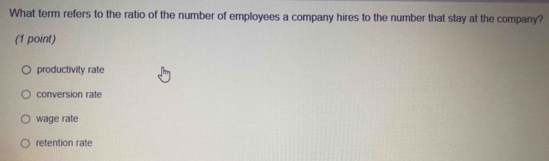 What term refers to the ratio of the number of employees a company hires to the number that stay at the company?
(1 point)
productivity rate
conversion rate
wage rate
retention rate