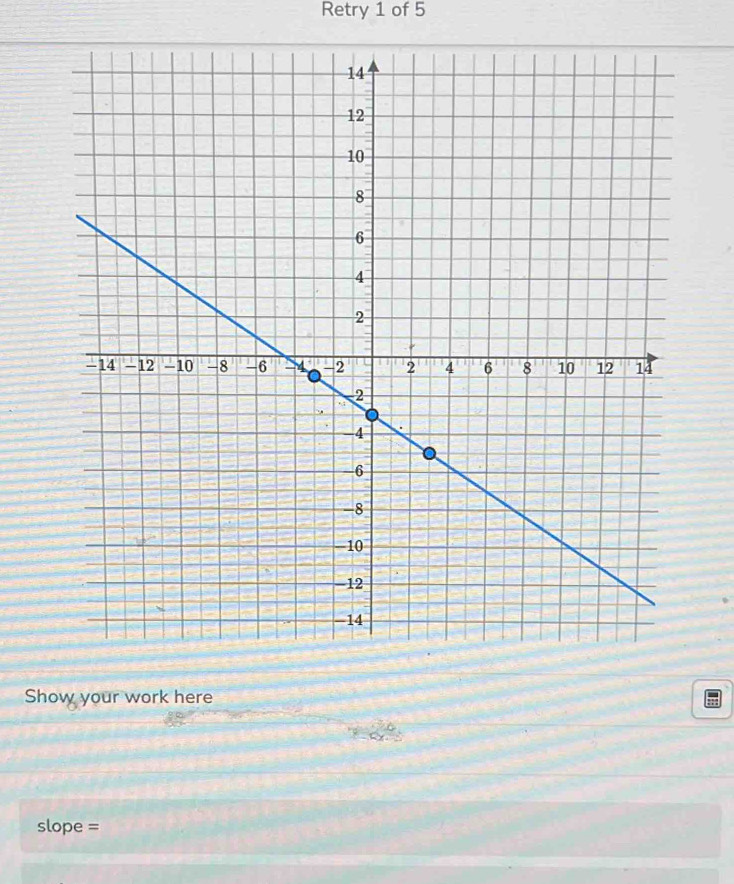 Retry 1 of 5 
Show your work here
slope =