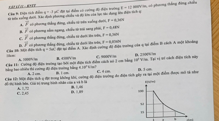 vật lí 11 - KNTT
Câu 9: Điện tích điểm q=-3 μC đặt tại điểm có cường độ điện trường E=12000V/m 1, có phương thẳng đứng chiều
từ trên xuống dưới. Xác định phương chiều và độ lớn của lực tác dụng lên điện tích q :
A. vector F có phương thẳng đứng, chiều từ trên xuống dưới, F=0,36N
B. vector F có phương nằm ngang, chiều từ trái sang phải, F=0,48N
C. vector F có phương thẳng đứng, chiều từ dưới lên trên, F=0,36N
D. vector F có phương thẳng đứng, chiều từ dưới lên trên, F=0,036N
Câu 10: Một điện tích q=5nC đặt tại điểm A. Xác định cường độ điện trường của q tại điểm B cách A một khoảng
10cm :
A. 5000V/m B. 4500V/m C. 9000V/m D. 2500V/m
Câu 11: Cường độ điện trường tạo bởi một điện tích điểm cách nó 2 cm bằng 10^5V/m. Tại vị trí cách điện tích này
bằng bao nhiêu thì cường độ điện trường bằng 1.10^5V/m ?
A. 2 cm. B. l cm. C. 4 cm. D. 5 cm.
Câu 12: Một điện tích q đặt trong không khí, cường độ điện trường do điện tích gây ra tại một điểm được mô tả như
đồ thị hình bên. Giá trị trung bình nhân của a và b là
A. 1,72 B. 1,46
C. 2,45 D. 1,89
1 a b r(m)