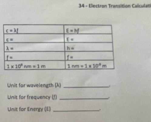 Electron Transition Calculati
Unit for wavelength (λ)_
Unit for frequency (f)_
Unit for Energy (E)_
.