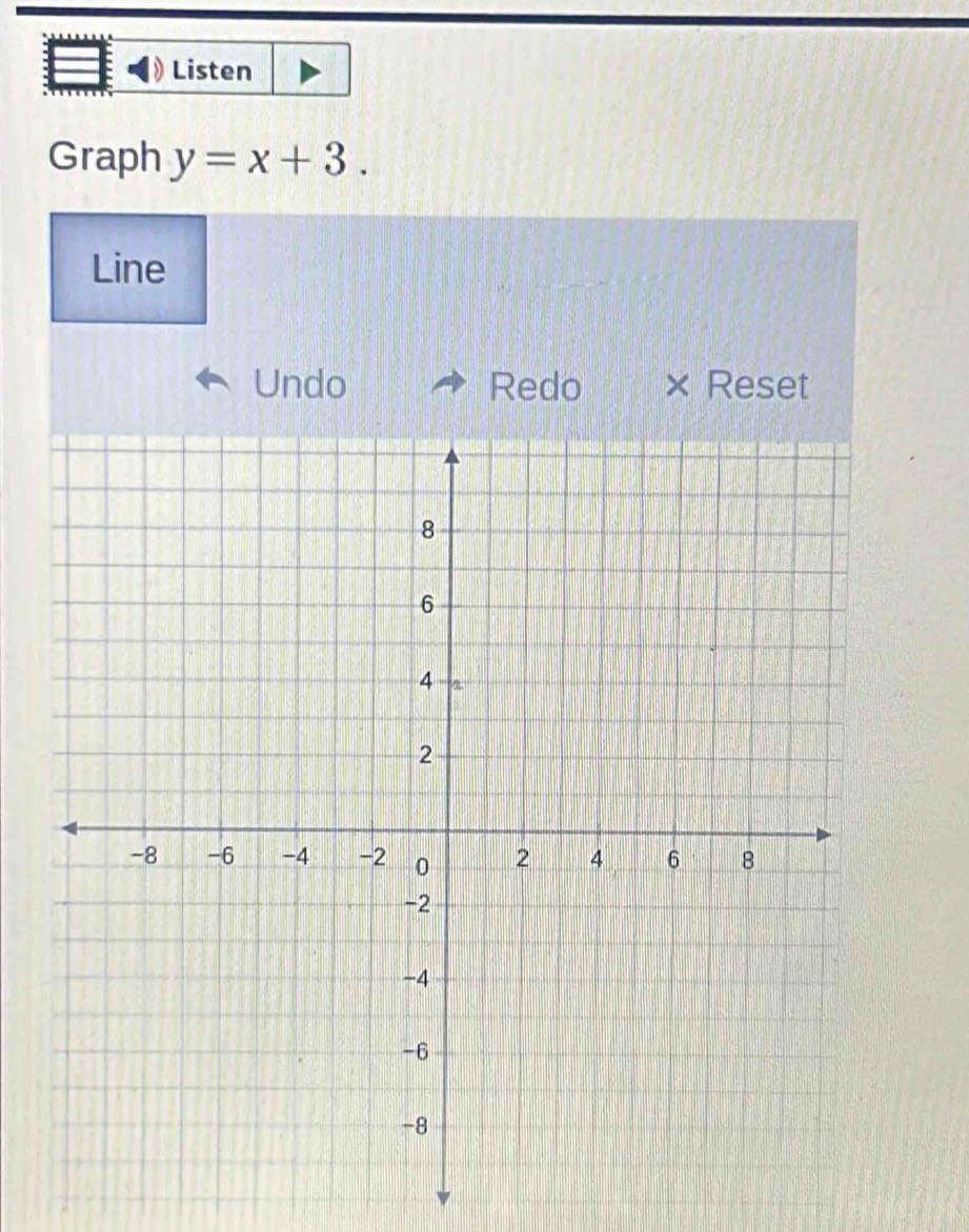 Listen 
Graph y=x+3. 
Line 
Undo Redo × Reset