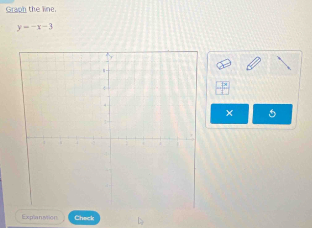 Graph the line.
y=-x-3
× 
Explanation Check