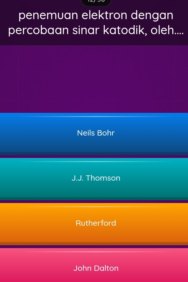 penemuan elektron dengan
percobaan sinar katodik, oleh....
Neils Bohr
J.J. Thomson
Rutherford
John Dalton